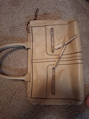 Tommy Hilfiger Beige Pebbled Leather Tote with Gold Accents